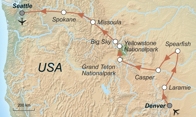 Routenverlauf USA-Luxusreise-durch-die-Rocky-Mountains-Zwischen-Rockies-und-Yellowstone